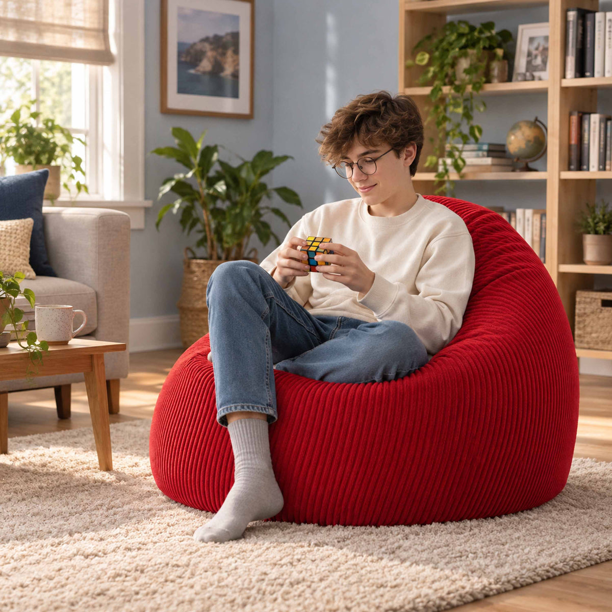 Pouf Poire Velours Côtelé Rouge, fauteuil poire rembourré en velours côtelé rouge pour salon, confort assise instantané