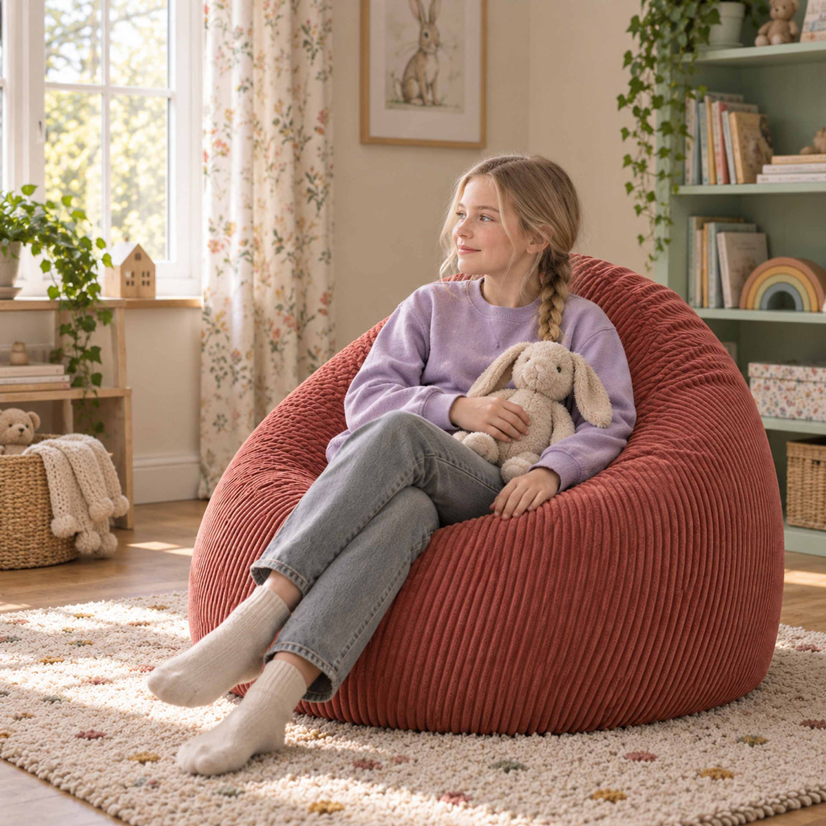 Pouf Poire Velours Côtelé Terracotta, assise confortable avec billes polystyrène, dans un salon chaleureux