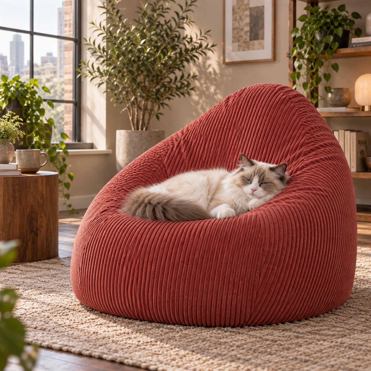 Pouf Poire Velours Côtelé Terracotta : pouf biG52 en velours côtelé terracotta, confort ergonomique pour coin cosy, chat