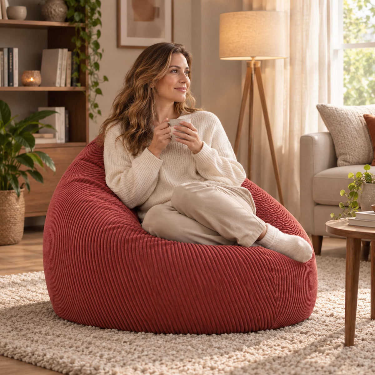 Pouf Poire Velours Côtelé Terracotta, assise confortable en velours côtelé terracotta, salon cosy