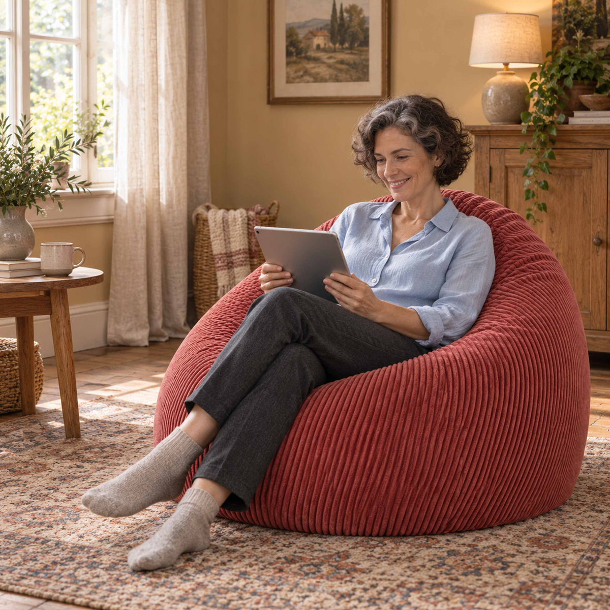 Pouf Poire Velours Côtelé Terracotta, assise confortable en salon avec personne lisant une tablette, velours côtelé terracotta