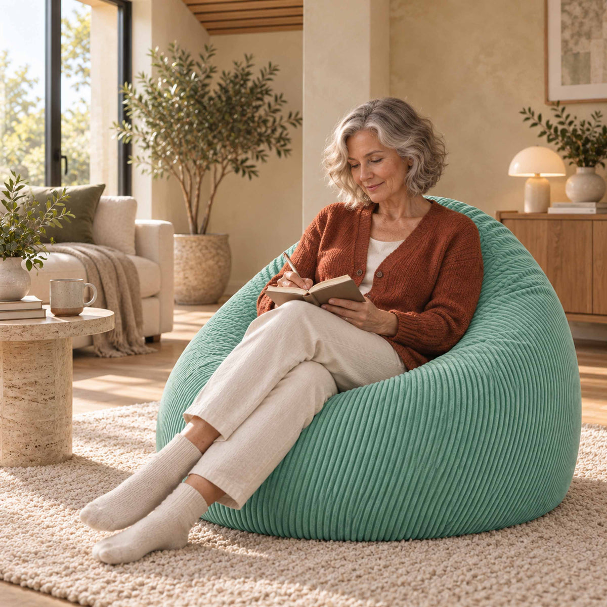 Pouf Poire Velours Côtelé Turquoise : grand pouf poire en velours côtelé turquoise, confort pour lecture en salon