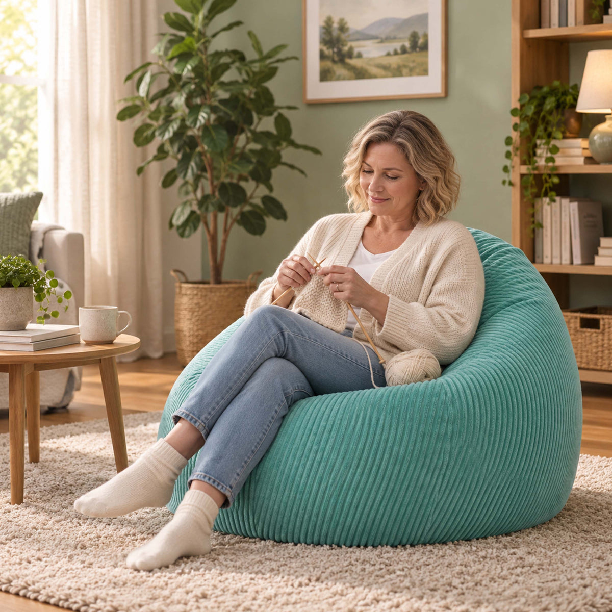 Pouf Poire Velours Côtelé Turquoise, pouf poire en velours côtelé turquoise rempli de billes polystyrène, assise confort salon