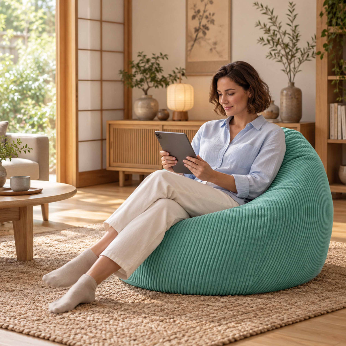 Alt Tag: Pouf Poire Velours Côtelé Turquoise, pouf poire turquoise en velours côtelé pour salon, détente confortable