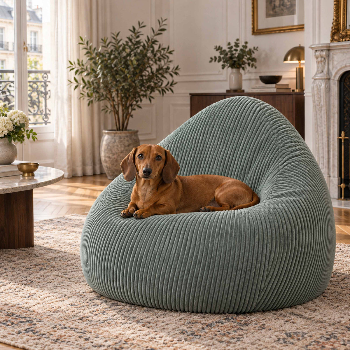 Pouf Poire Velours Côtelé Vert gris, grand pouf poire rempli, salon cosy avec chien, assise ergonomique en velours côtelé