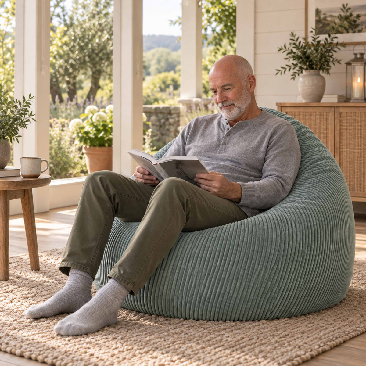 Pouf Poire Velours Côtelé Vert gris : fauteuil d’intérieur ergonomique pour lire, design en velours côtelé vert gris