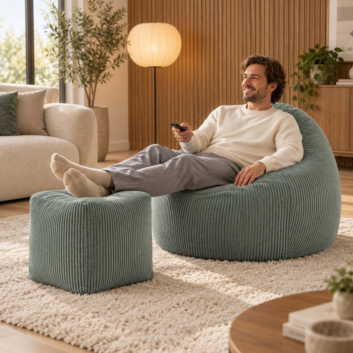 Pouf Poire Velours Côtelé Vert gris : pouf poire en velours côtelé vert gris, prêt à l’emploi, pour détente salon moderne