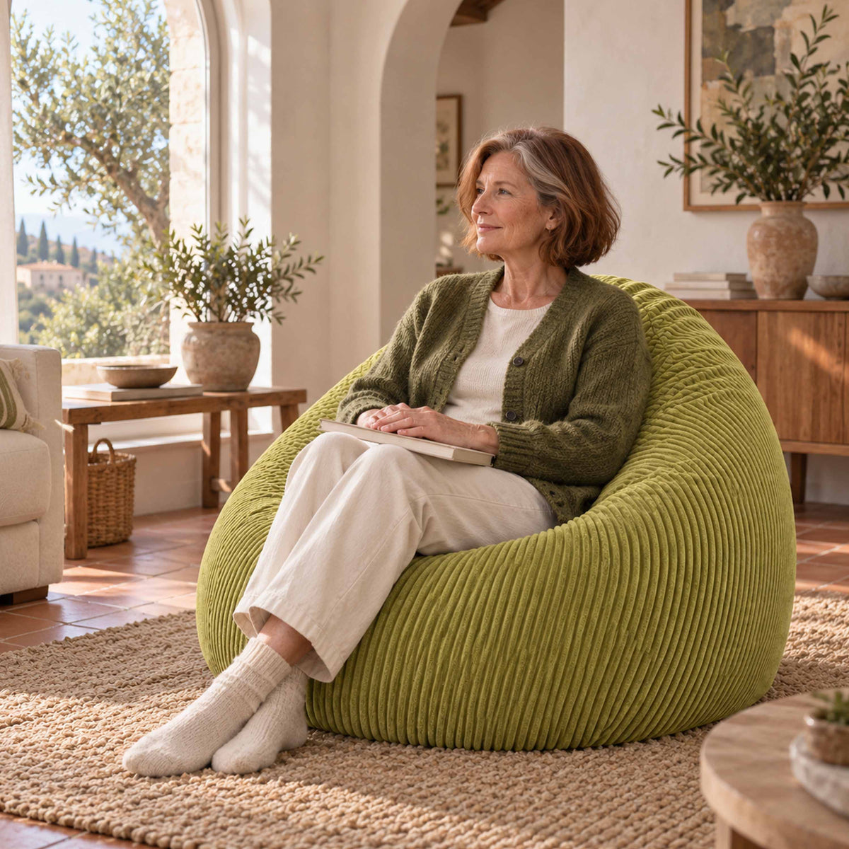 Pouf Poire Velours Côtelé Vert olive clair, assise moelleuse en velours côtelé vert olive clair pour salon cosy