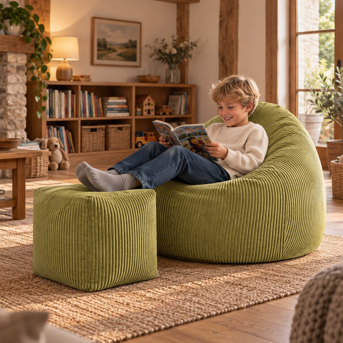 Pouf Poire Velours Côtelé Vert olive clair pour enfants, assis confort, velours côtelé vert olive clair en salon chaleureux
