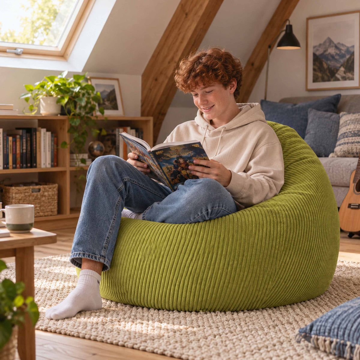 Pouf Poire Velours Côtelé Vert olive clair, assise confortable en velours côtelé pour salon, image en situation