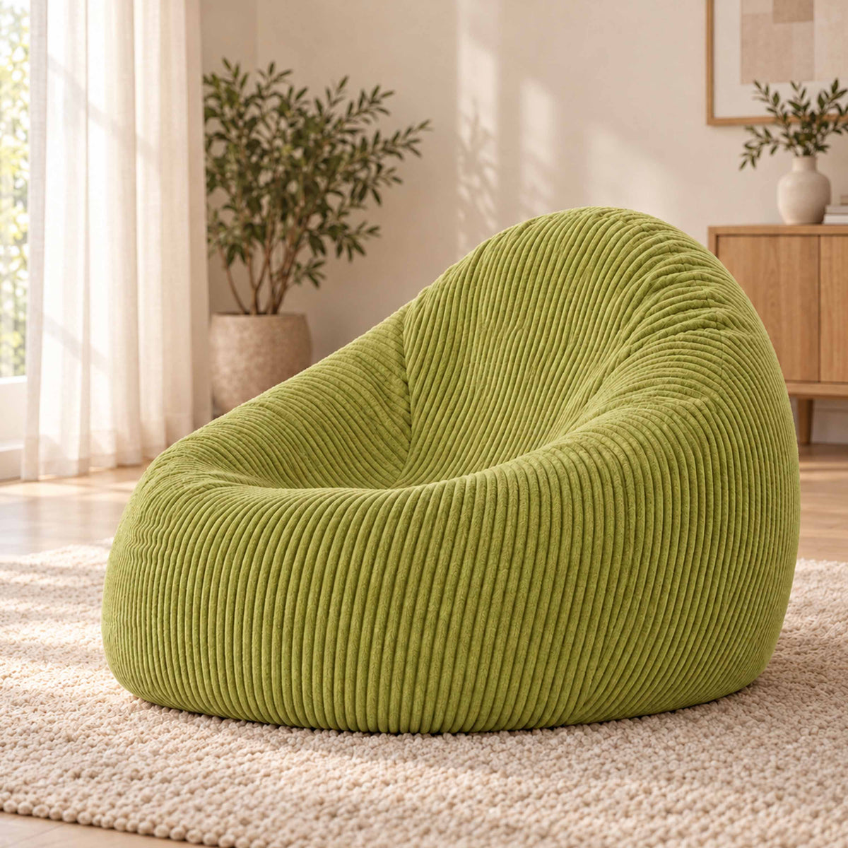 Pouf Poire Velours Côtelé Vert olive clair, assise poire confortable en velours côtelé pour salon, déjà rempli de billes polystyrène