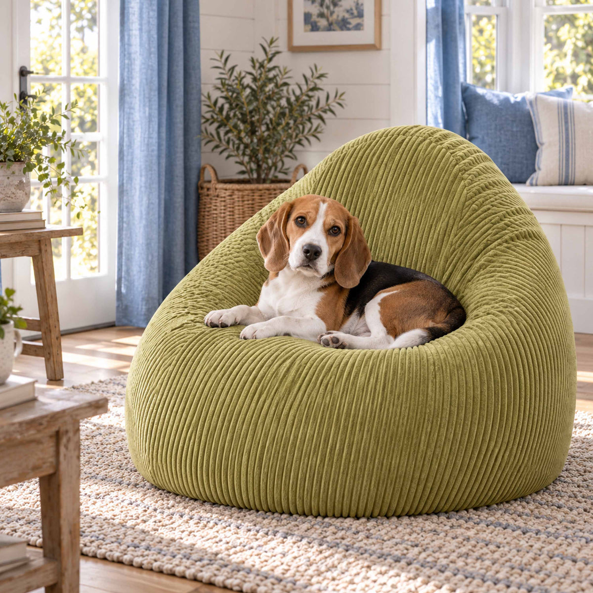 Pouf Poire Velours Côtelé Vert olive clair, assise confortable en velours côtelé, coussin poire rempli, salon cosy