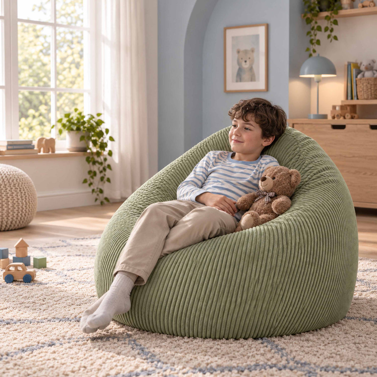 Pouf Poire Velours Côtelé Vert Sauge, assise enfant en velours côtelé vert sauge, salon lumineux avec coussin