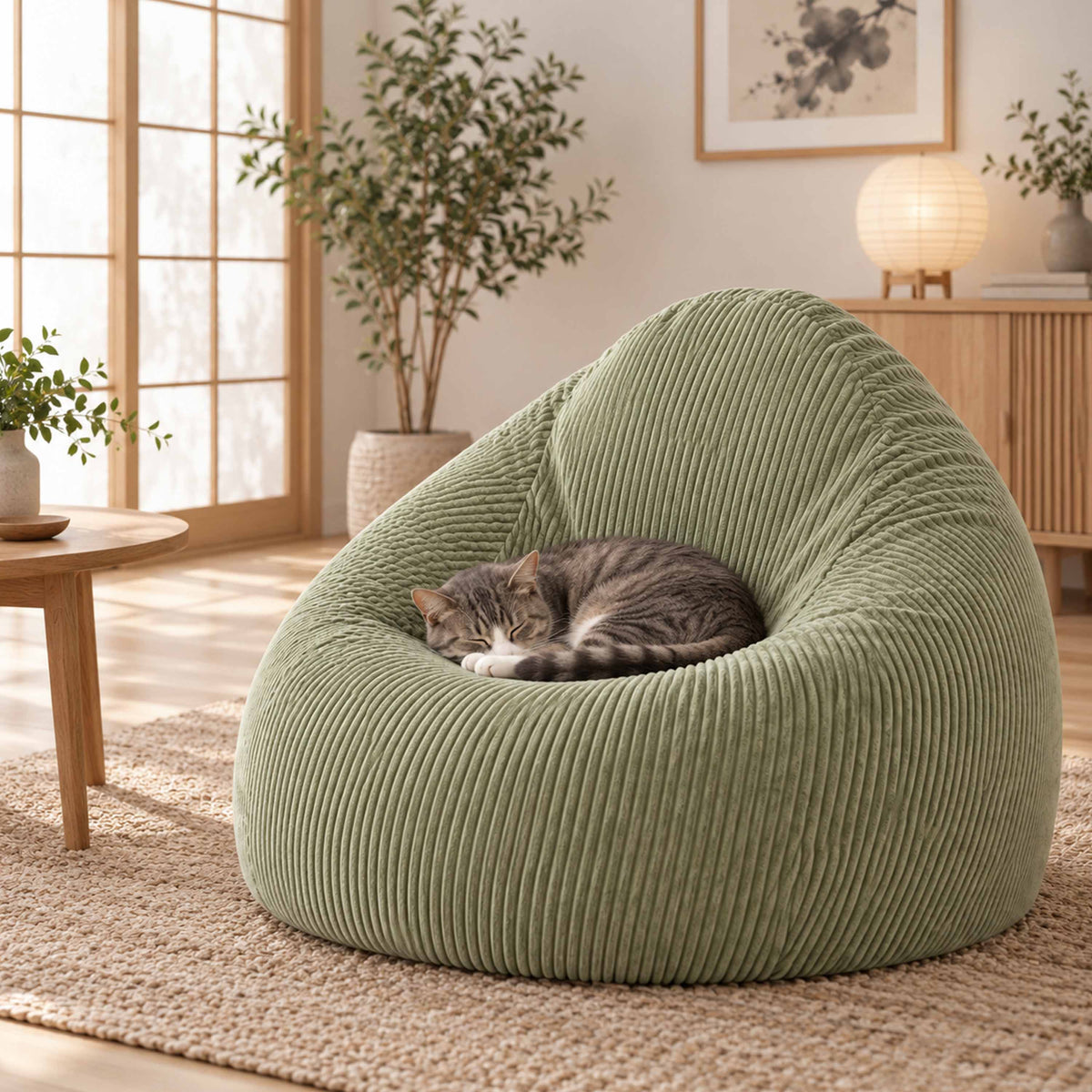 Pouf Poire Velours Côtelé Vert Sauge, pouf poire en velours côtelé vert sauge avec chat, assise confortable pour salon
