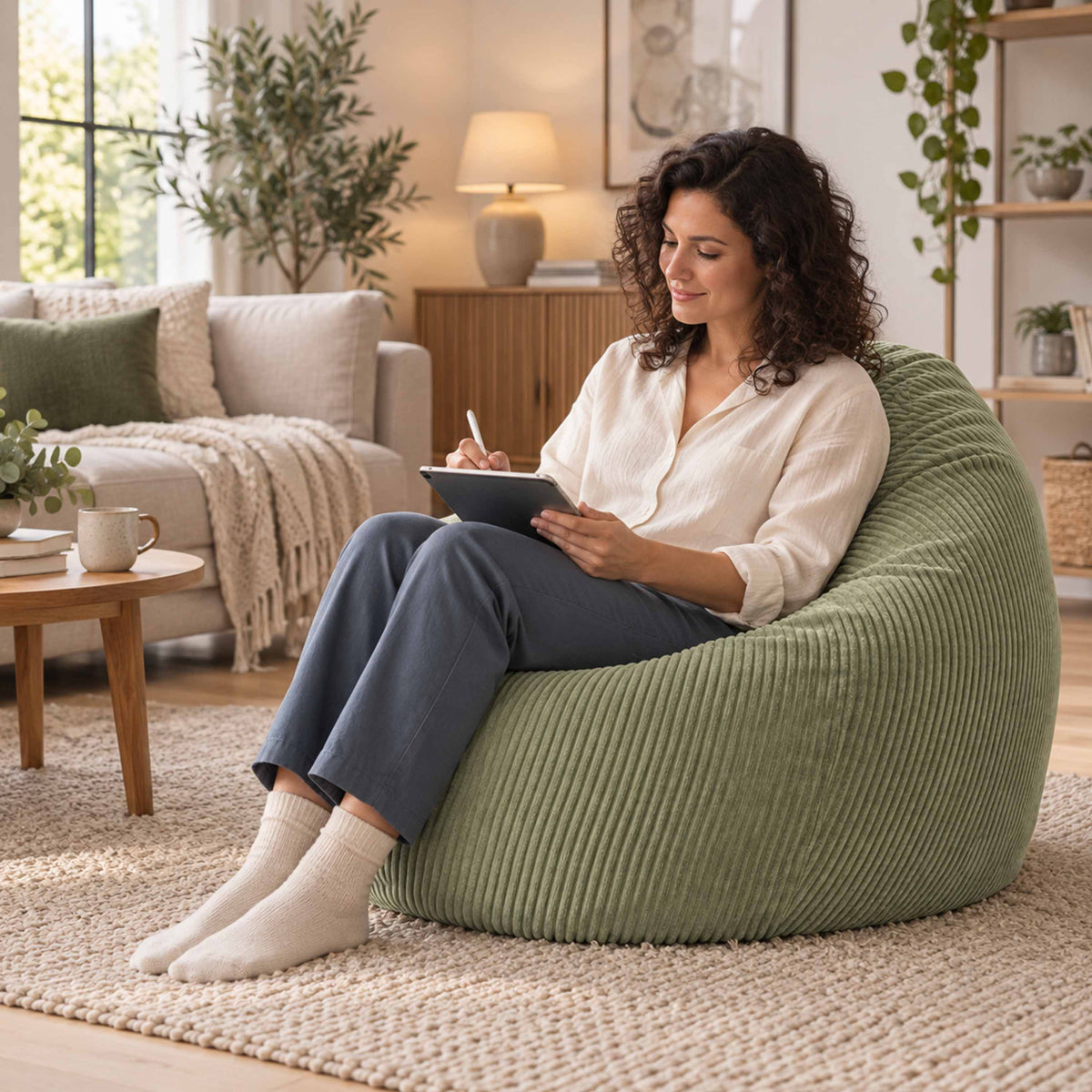 Pouf Poire Velours Côtelé Vert Sauge, confortable en velours côtelé vert sauge, salon moderne, assise ergonomique