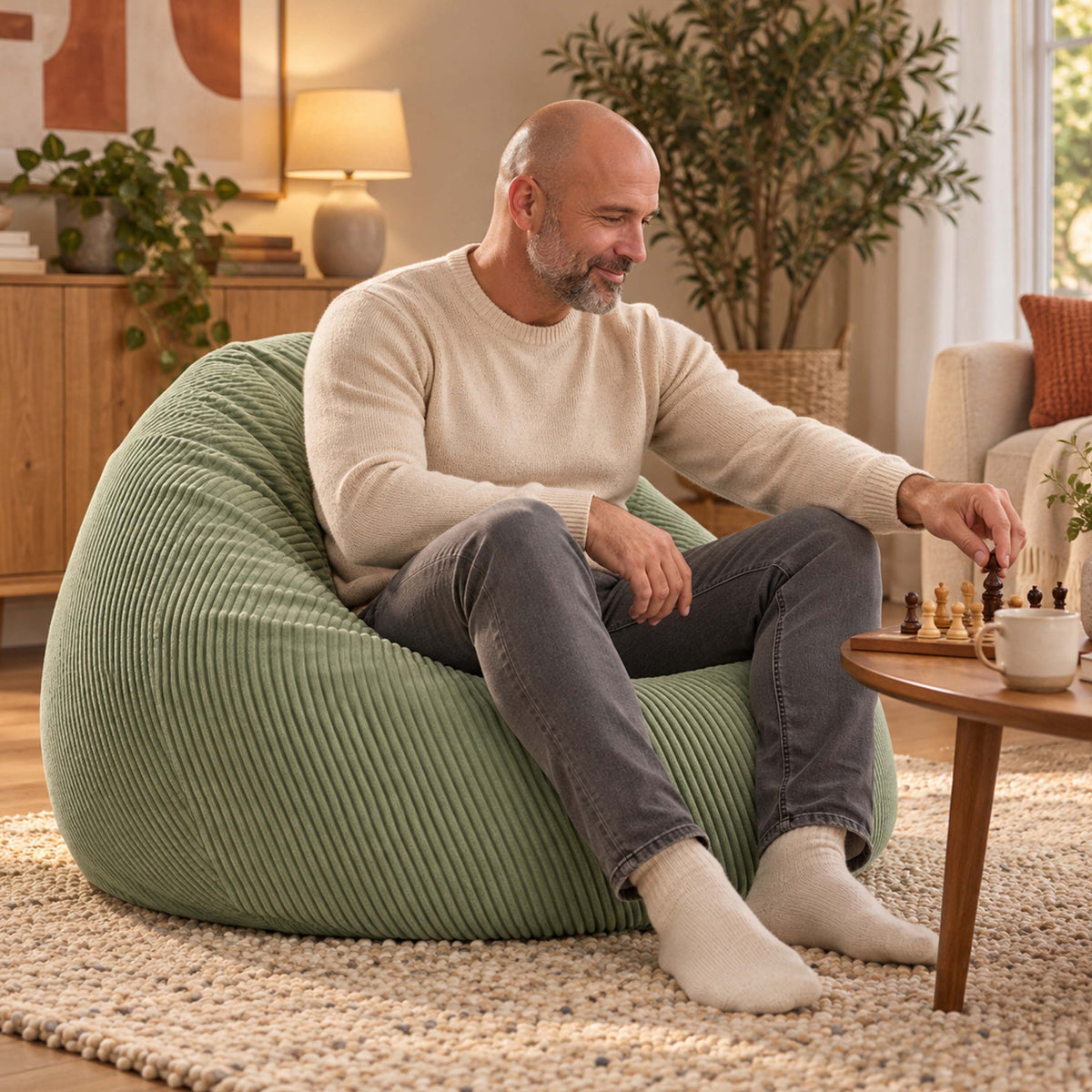 Pouf Poire Velours Côtelé Vert Sauge design, homme assis sur poire en velours côtelé vert sauge salon cosy