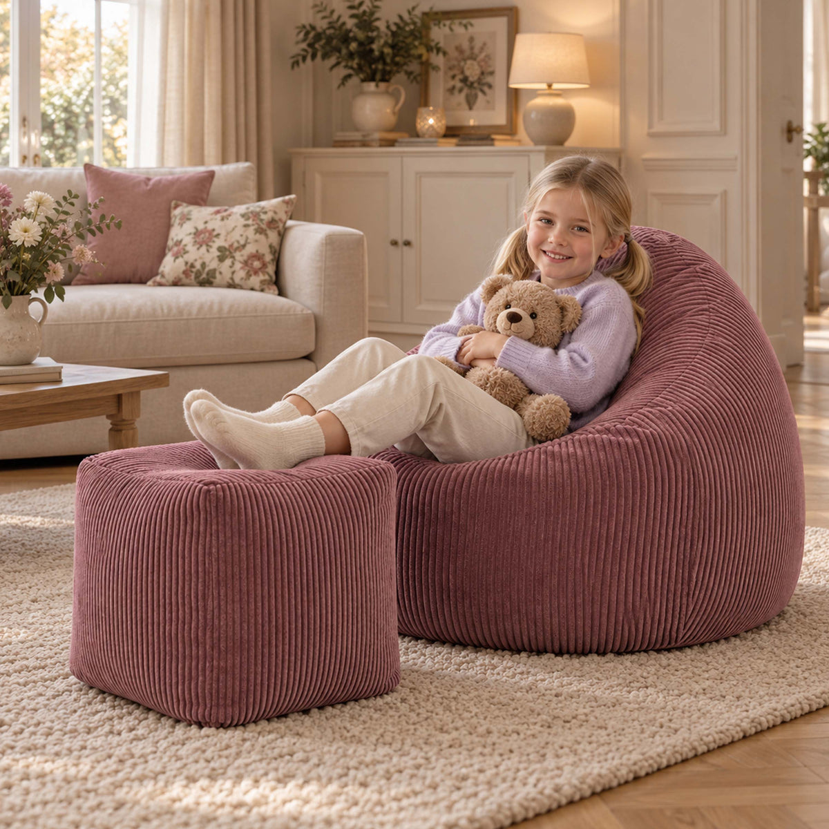 Pouf Poire Velours Côtelé Vieux rose, coussin en velours côtelé rempli, assise confortable pour enfant dans un salon