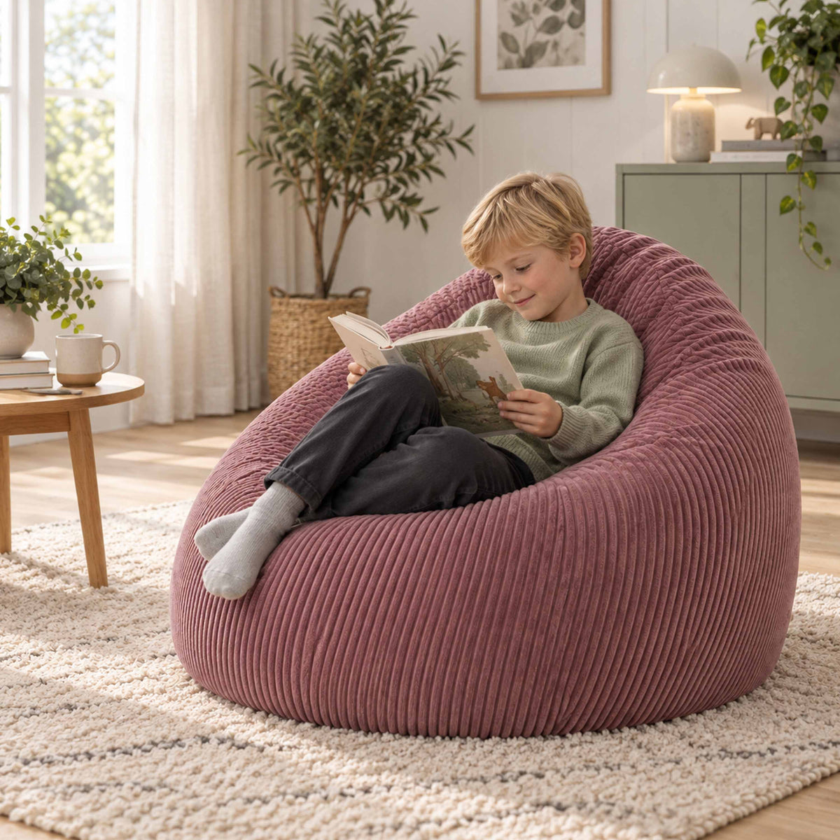 Pouf Poire Velours Côtelé Vieux rose : enfant lisant sur poire en velours côtelé vieux rose, coussin de détente canapé