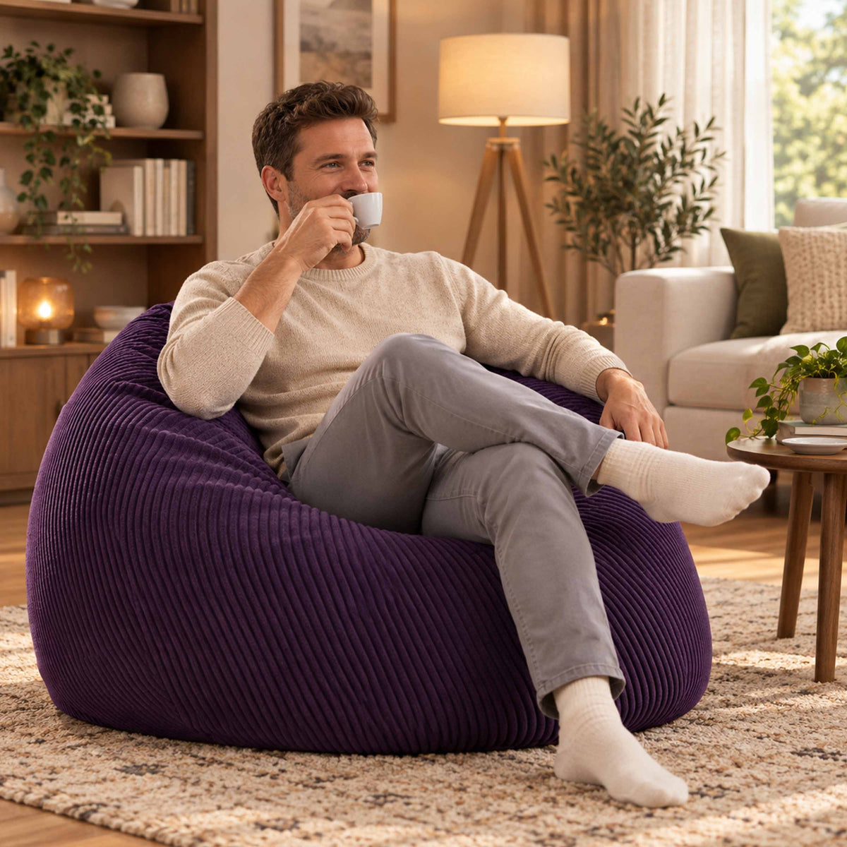 Pouf Poire Velours Côtelé Violet aubergine : fauteuil poire en velours côtelé violet aubergine, homme installé dans le salon