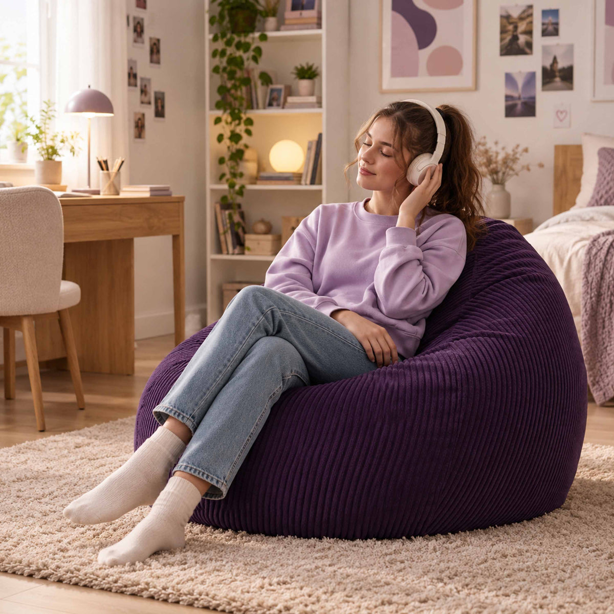 Pouf Poire Velours Côtelé Violet aubergine, pouf poire en velours côtelé violet, femme détendue au salon avec écouteurs