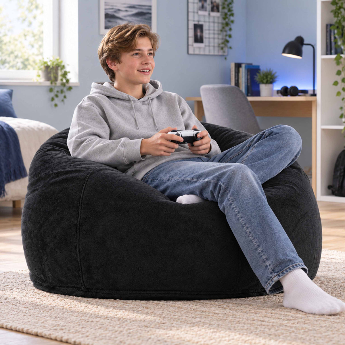 XL Black Fleece Round Bean Bag Chair