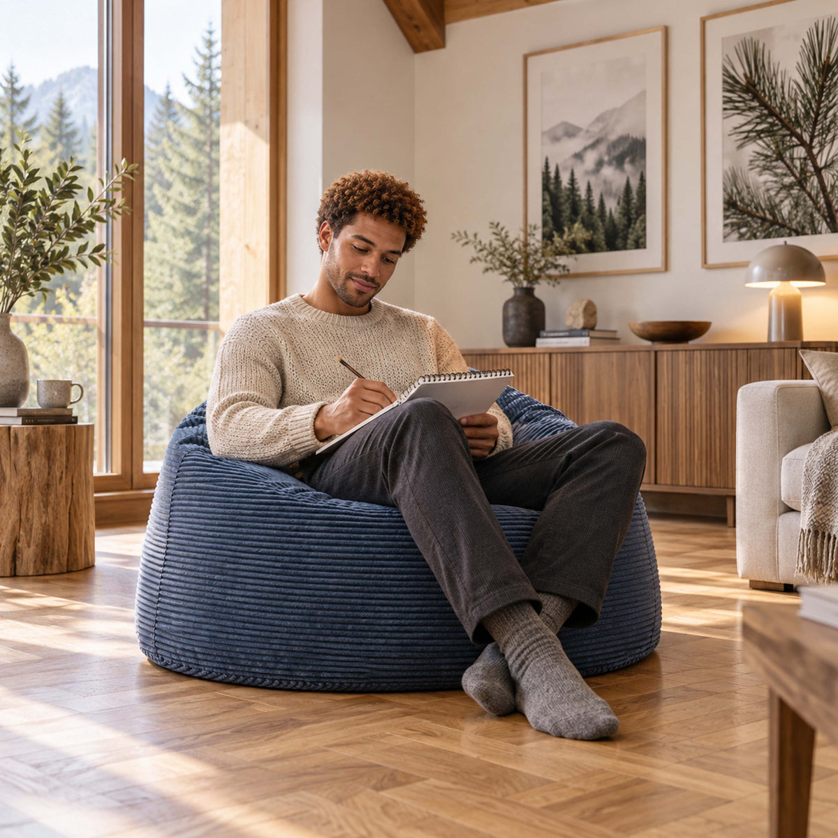 Pouf Géant Rond XL Velours Côtelé Bleu denim TiTAN S, pouf fauteuil rond XL en velours côtelé, homme lisant sur le pouf