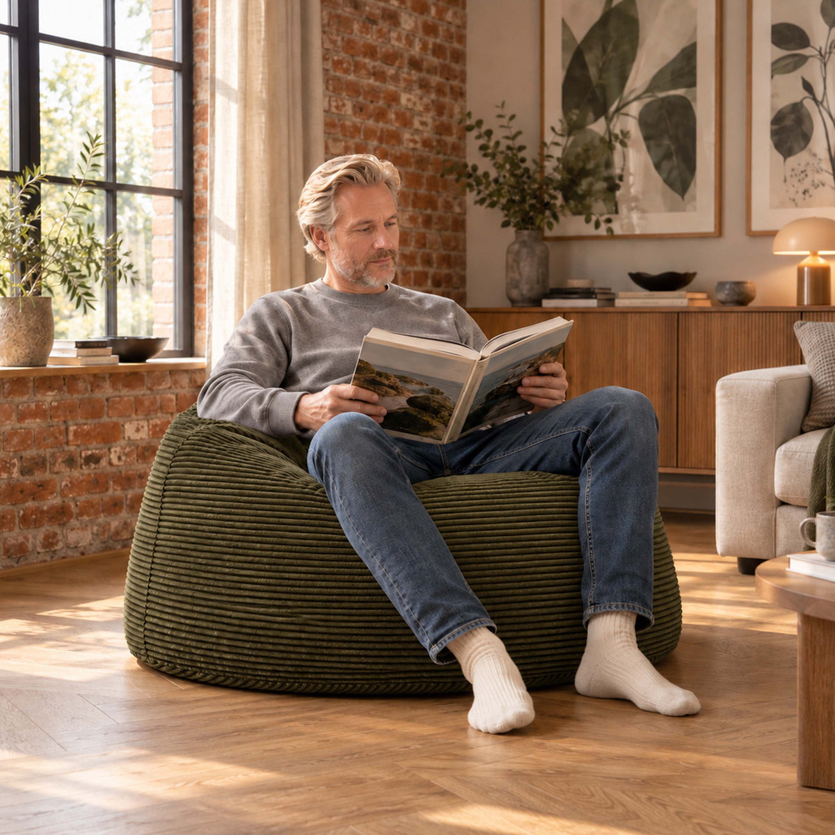 Pouf Géant Rond XL Velours Côtelé Kaki foncé, pouf fauteuil XL rond en velours côtelé, assise confortable pour salon