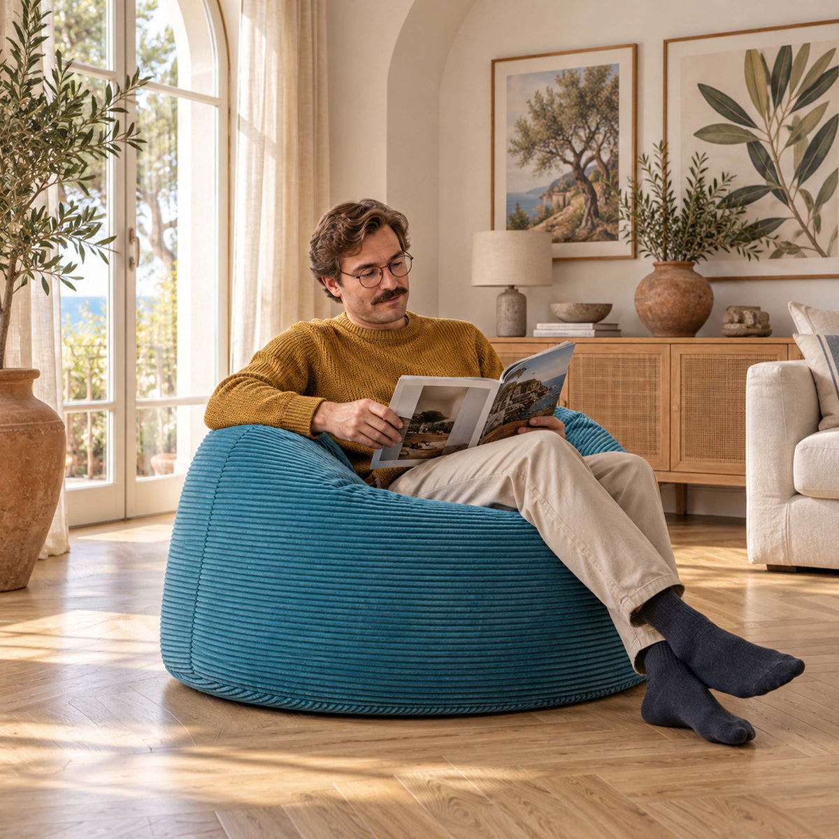 Pouf Géant Rond XL Velours Côtelé Bleu ciel : pouf fauteuil rond XL en velours côtelé bleu ciel, assise confortable dans un salon