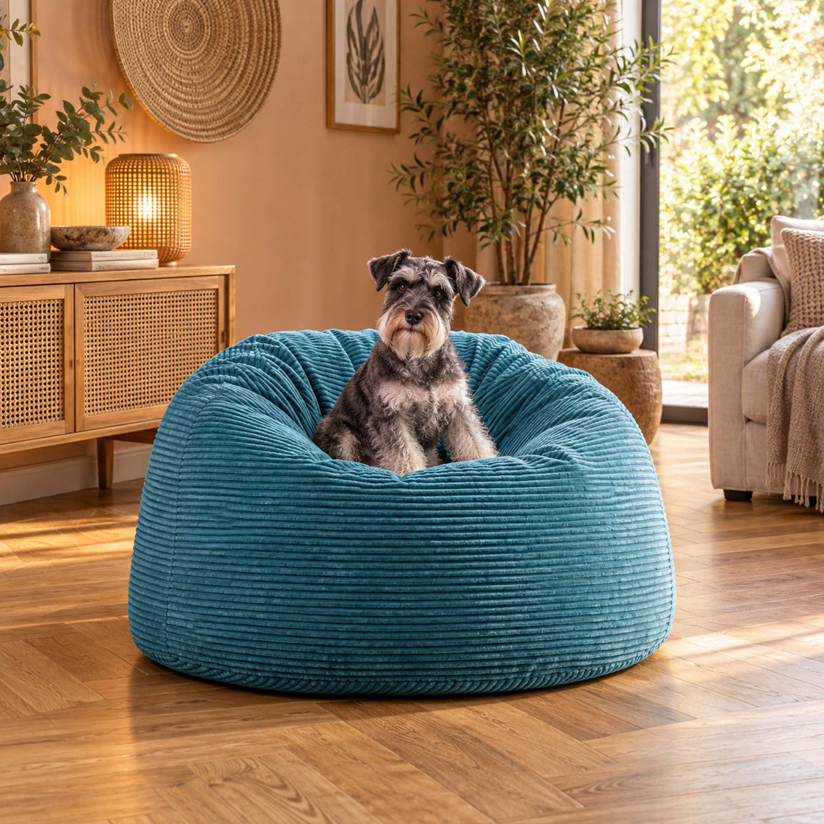Pouf Géant Rond XL Velours Côtelé Bleu ciel, pouf fauteuil XL en velours côtelé bleu, idéal salon avec chien