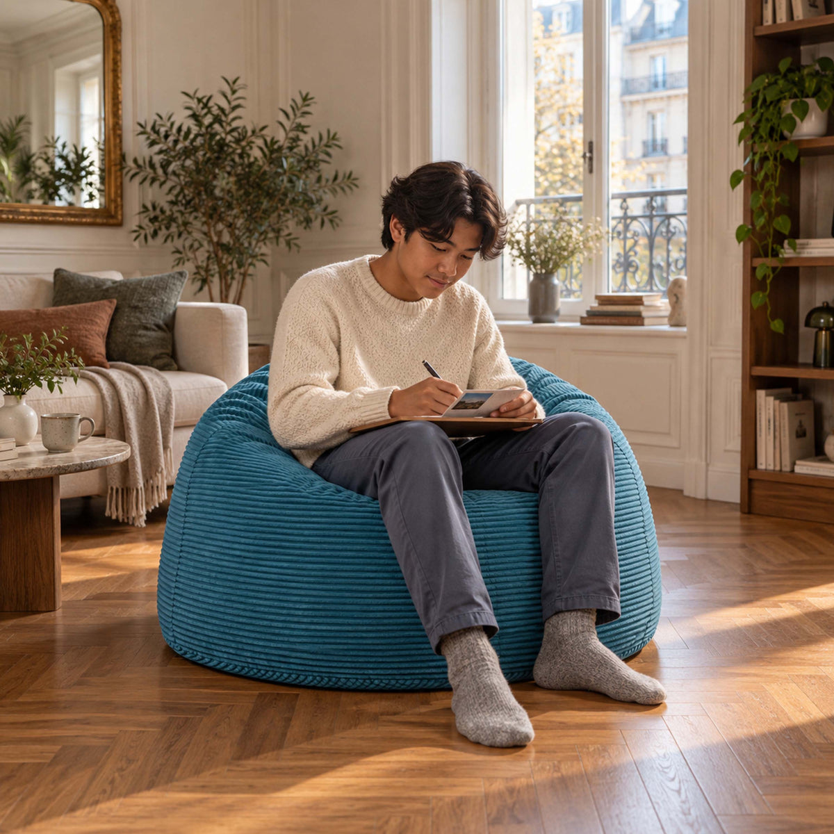 Pouf Géant Rond XL Velours Côtelé Bleu ciel, fauteuil rond XL en velours côtelé, ambiance salon clair avec personne assise