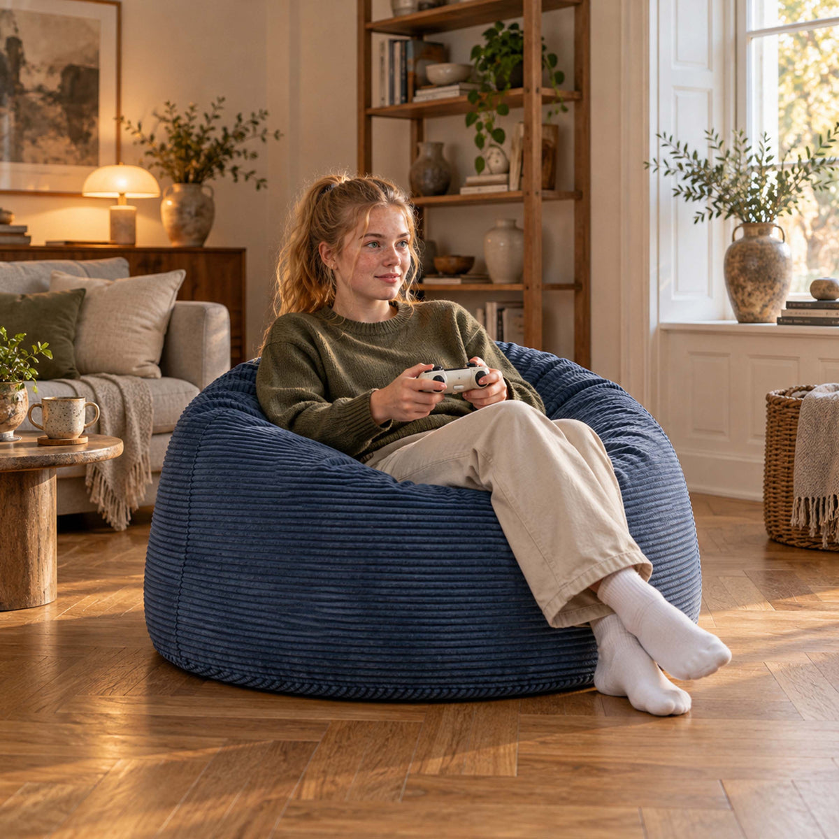 Pouf Géant Rond XL Velours Côtelé Bleu denim, grand pouf rond en velours côtelé dans un salon chaleureux