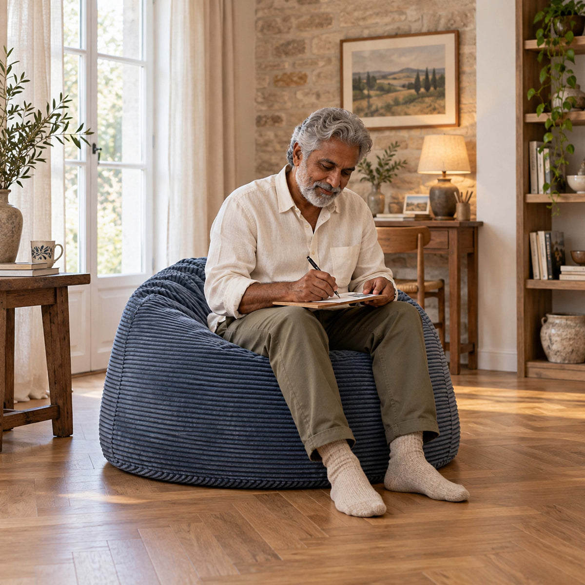 Pouf Géant Rond XL Velours Côtelé Bleu denim, pouf fauteuil rond XL en velours côtelé, assise confortable pour salon