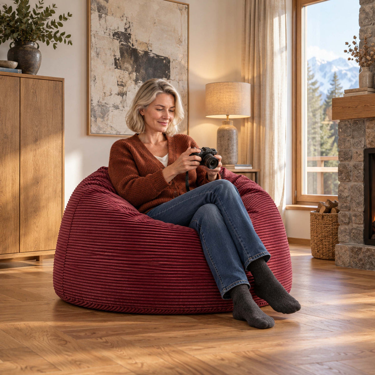 Pouf Géant Rond XL Velours Côtelé Cerise : pouf XL en velours côtelé cerise, assise ronde confortable pour salon intérieur