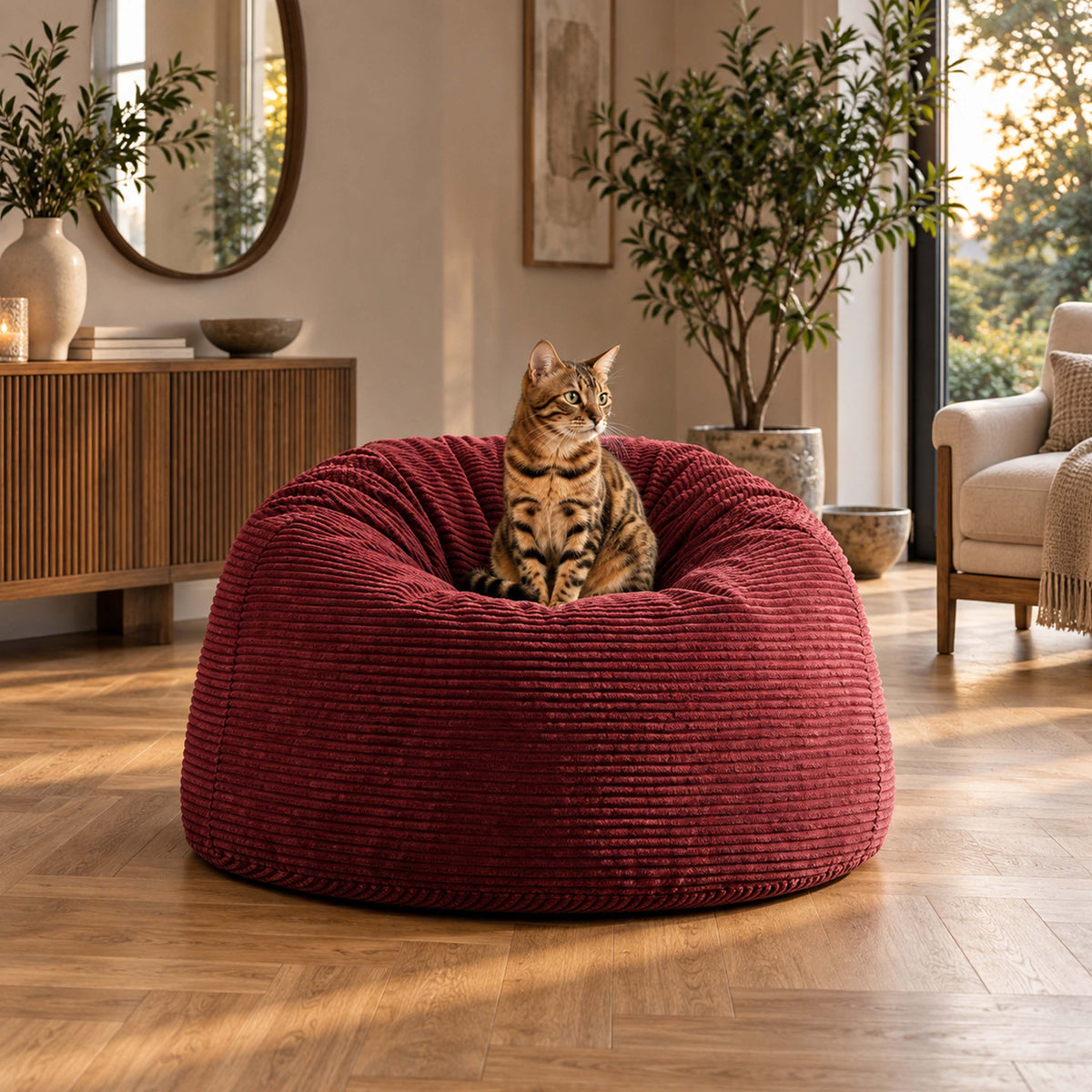 Pouf Géant Rond XL Velours Côtelé Cerise, pouf XL rond en velours côtelé cerise, idéal pour assise confortable en intérieur