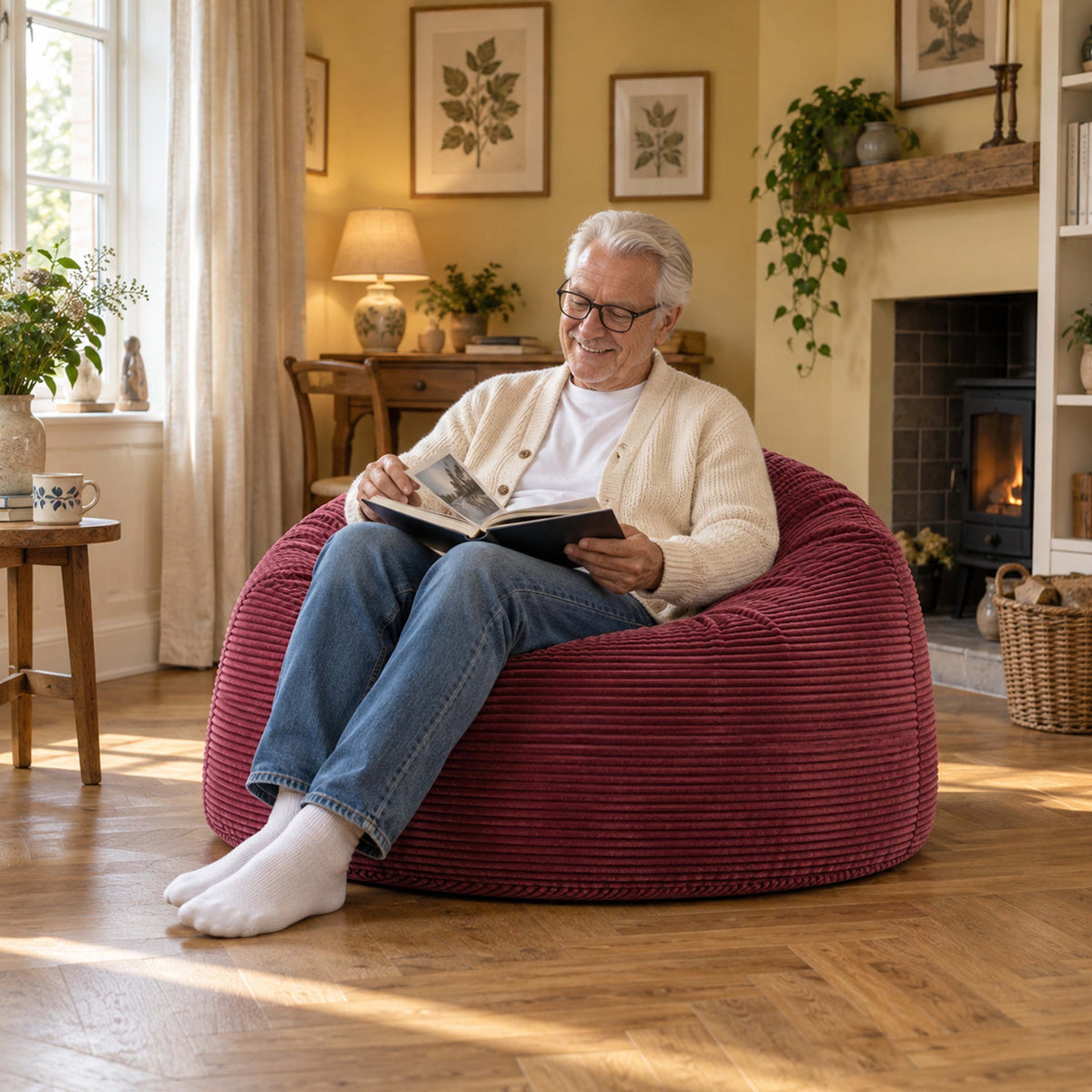 Pouf Géant Rond XL Velours Côtelé Cerise, pouf fauteuil XXL en velours côtelé cerise pour lecture, salon chaleureux