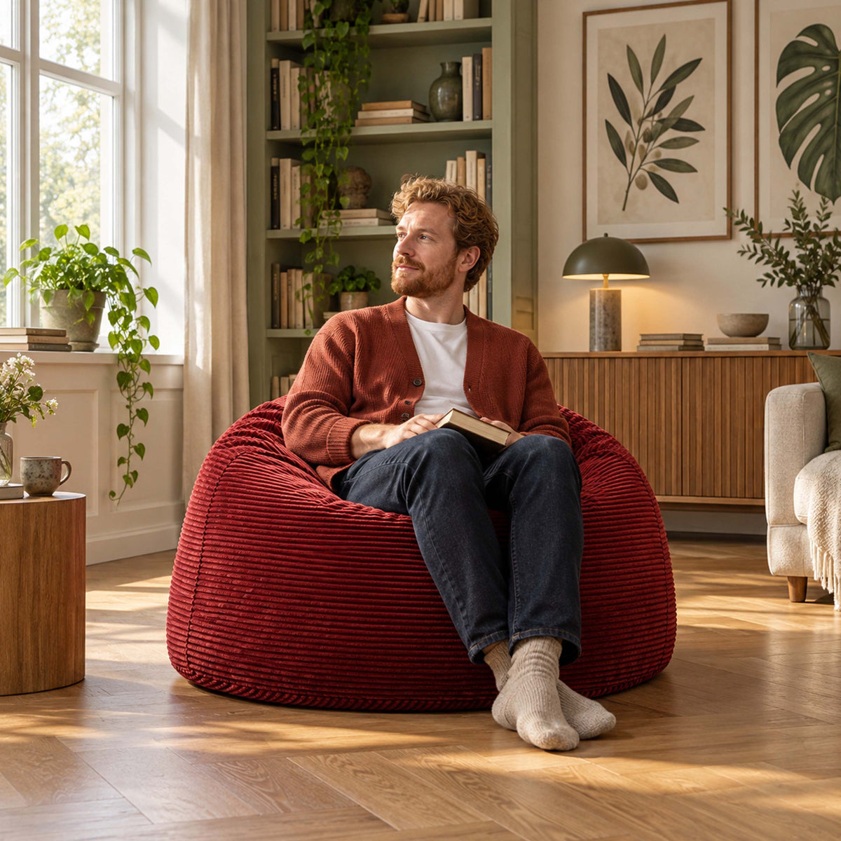 Pouf Géant Rond XL Velours Côtelé Rouge, assise moderne ronde en velours côtelé rouge pour salon, photo d’ambiance