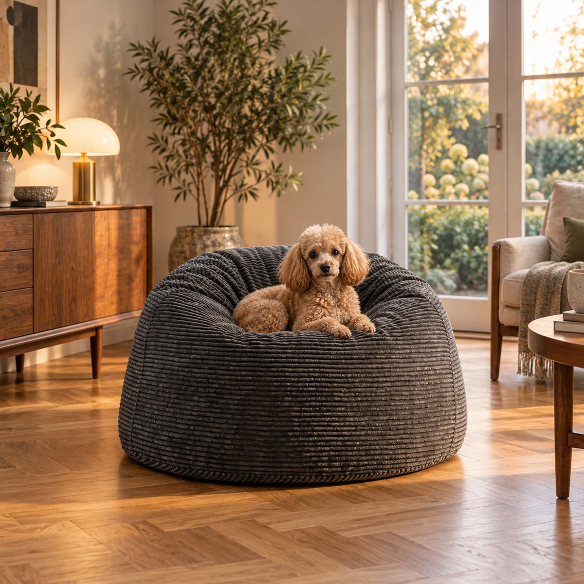 Pouf Géant Rond XL Velours Côtelé Gris, grand pouf rond en velours côtelé gris, assise XL pour salon, avec chien