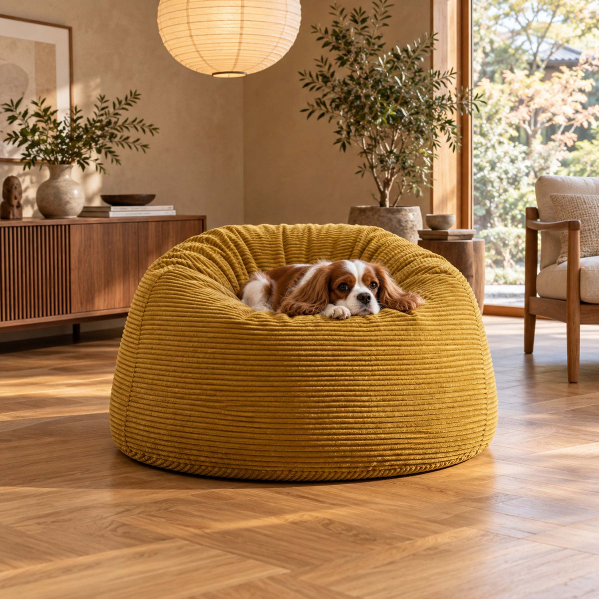 Pouf Géant Rond XL Velours Côtelé Jaune moutarde, intérieur design chaleureux avec un chien couché sur le pouf