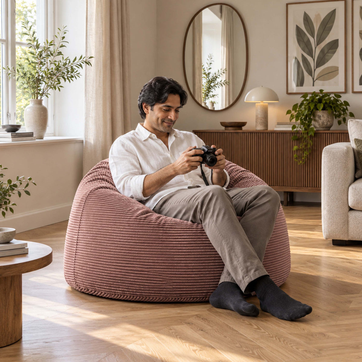 Pouf Géant Rond XL Velours Côtelé Rose poudré, assise XXL en velours côtelé pour salon, usage fauteuil confortable