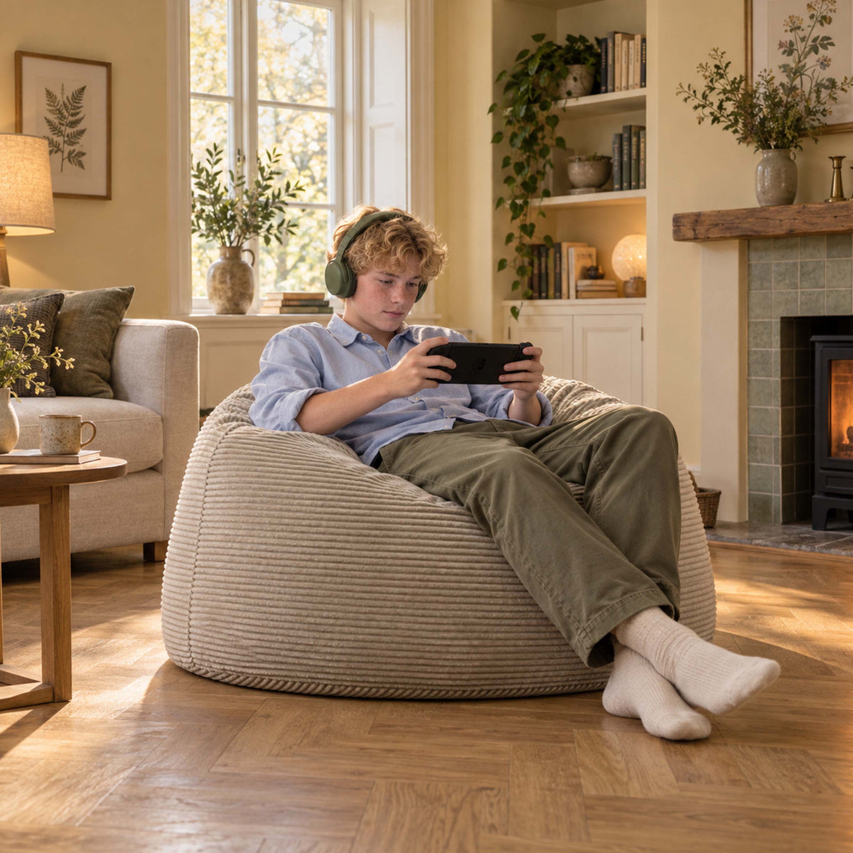 Pouf Géant Rond XL Velours Côtelé Beige : pouf fauteuil rond XL en velours côtelé beige, assise confortable dans un salon