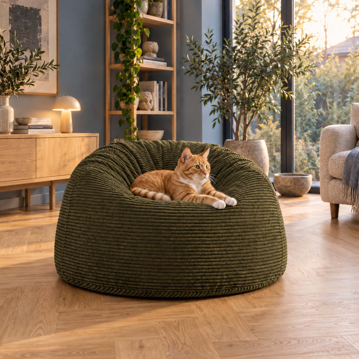 Pouf Géant Rond XL Velours Côtelé Kaki foncé, assise ronde XXL en velours côtelé pour salon, avec chat au repos