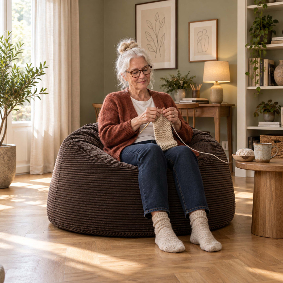Pouf Géant Rond XL Velours Côtelé Brun espresso, assise XL en velours côtelé, confort et design moderne pour salon