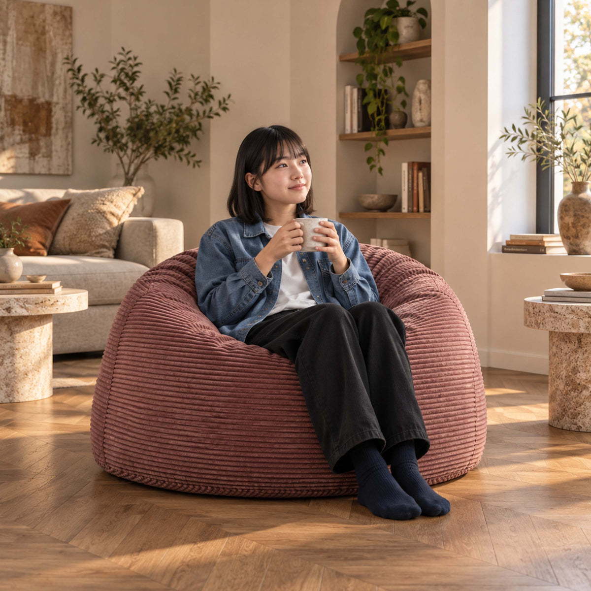Pouf Géant Rond XL Velours Côtelé Vieux rose, assise XXL en velours côtelé, confort moelleux pour salon chaleureux