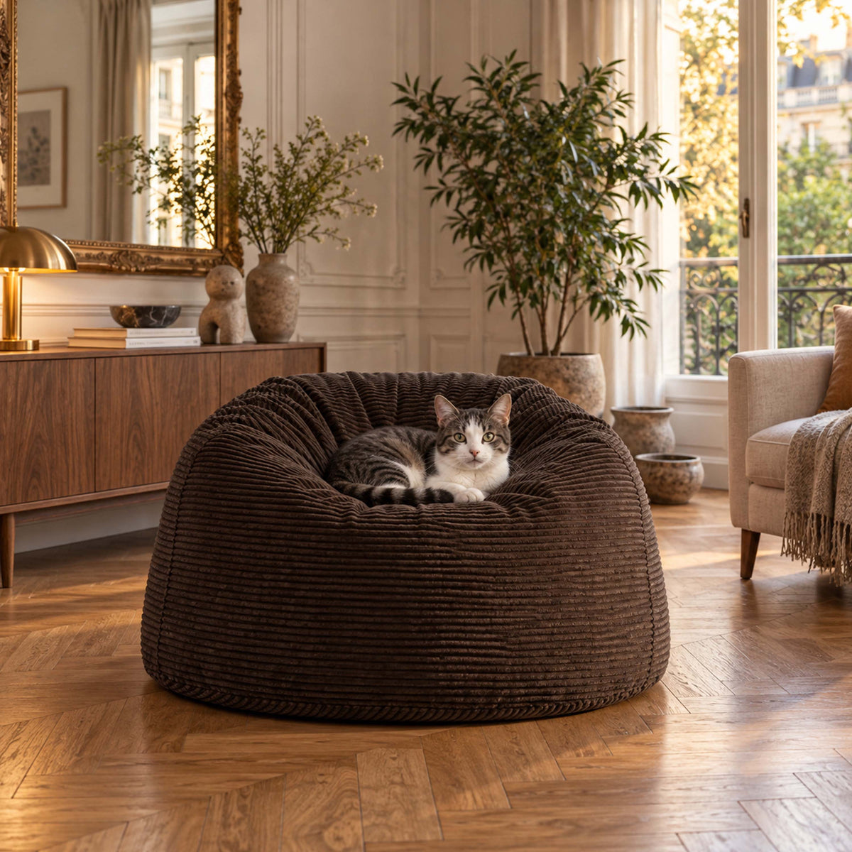Pouf Géant Rond XL Velours Côtelé Brun espresso : pouf XL rond en velours côtelé, style salon chaleureux, idéal pour se détendre