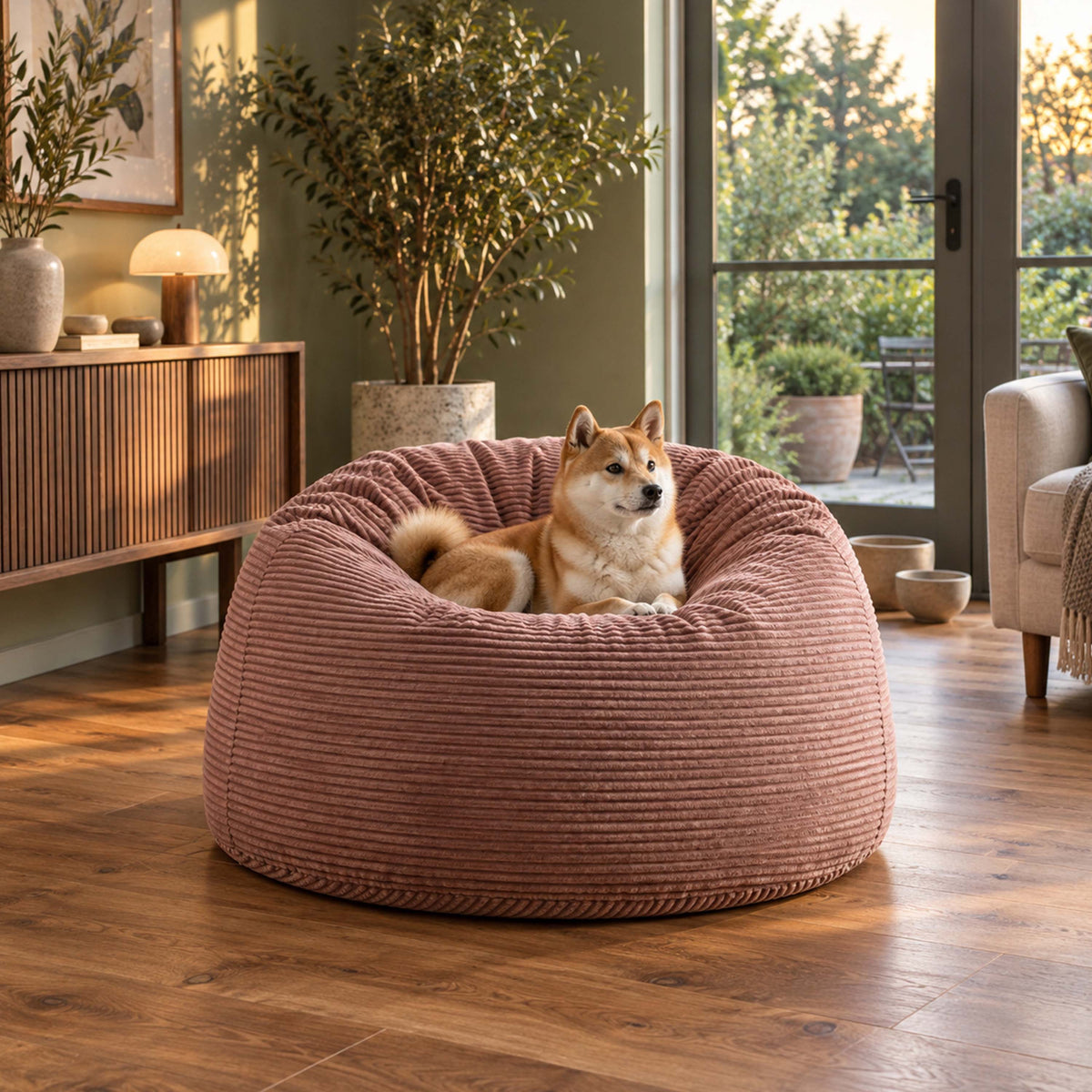 Pouf Géant Rond XL Velours Côtelé Rose poudré, assise XL ronde en velours côtelé, ambiance salon avec intérieur chaleureux