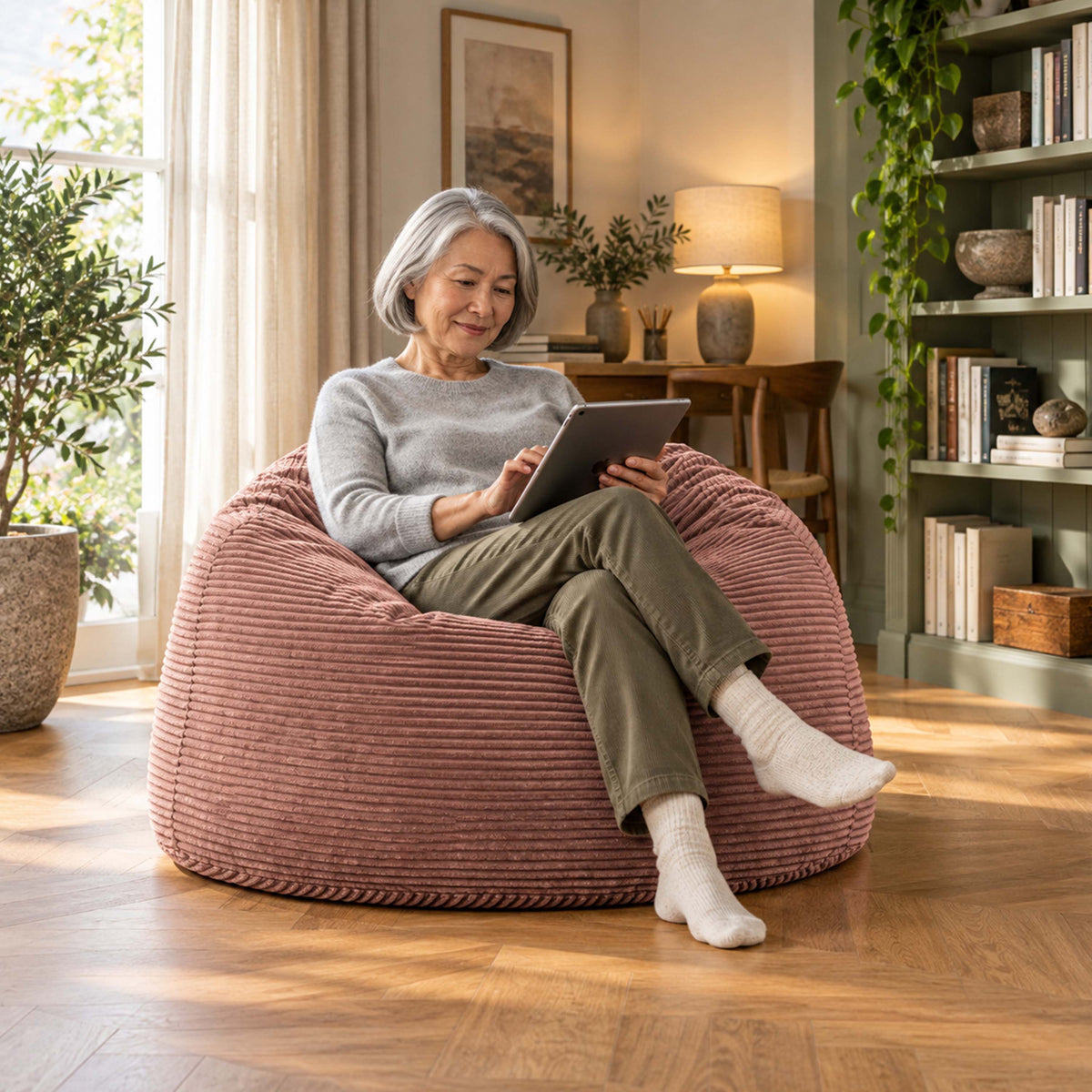 Pouf Géant Rond XL Velours Côtelé Rose poudré, assise moelleuse ronde XL en velours côtelé pour salon et confort intérieur