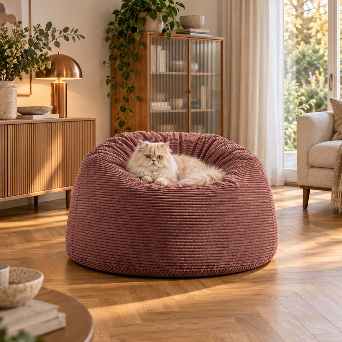Pouf Géant Rond XL Velours Côtelé Vieux rose, assise ronde XL en velours côtelé pour salon chaleureux