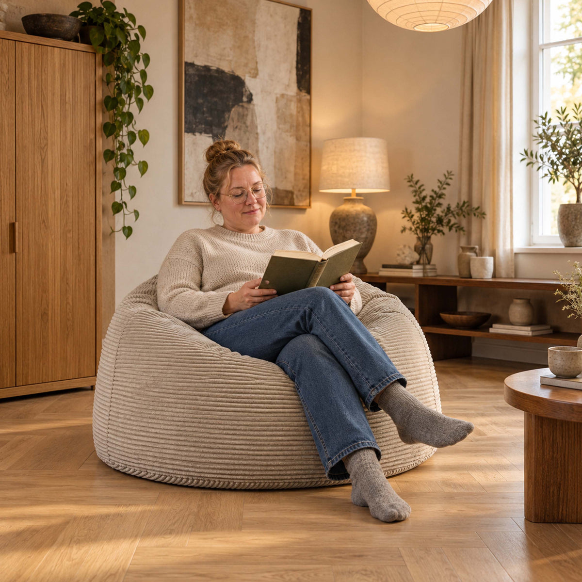 Pouf Géant Rond XL Velours Côtelé Beige, assise ronde XXL en velours côtelé beige, confort pour salon intérieur