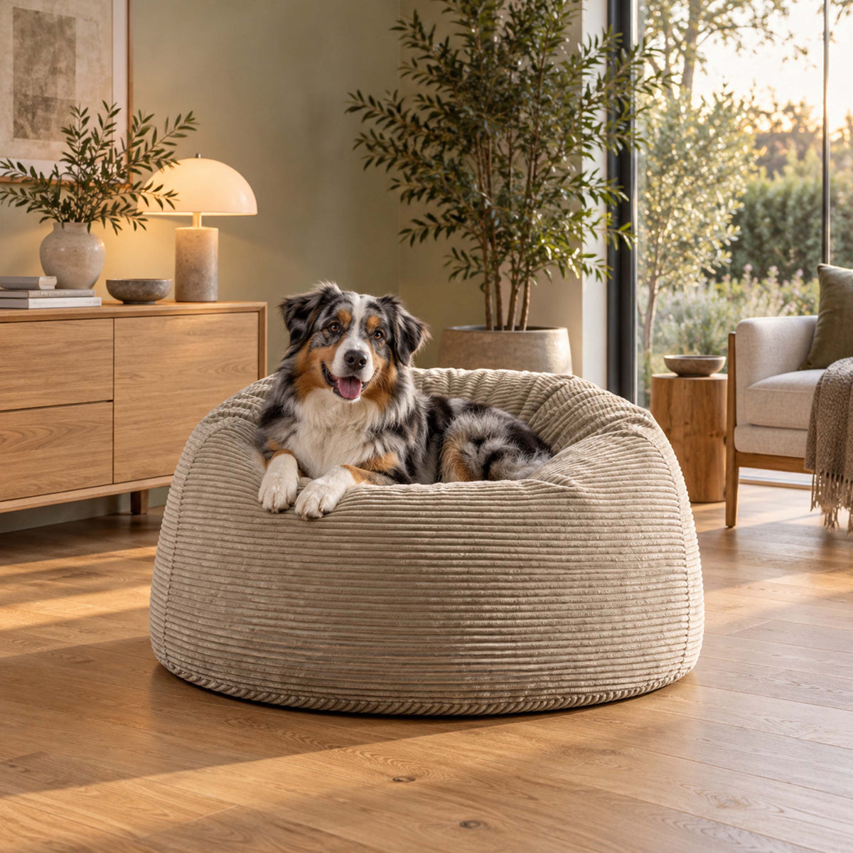 Pouf Géant Rond XL Velours Côtelé Beige, grand pouf fauteuil rond en velours côtelé beige pour salon, ambiance intérieure