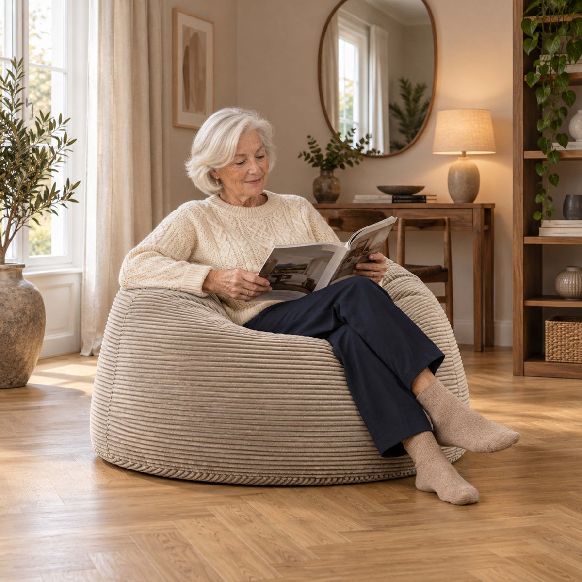 Pouf Géant Rond XL Velours Côtelé Beige, assise confortable XL en velours côtelé beige, salon moderne